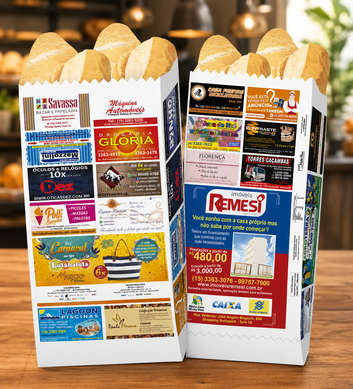 Sacos de pão personalizados com anúncios locais